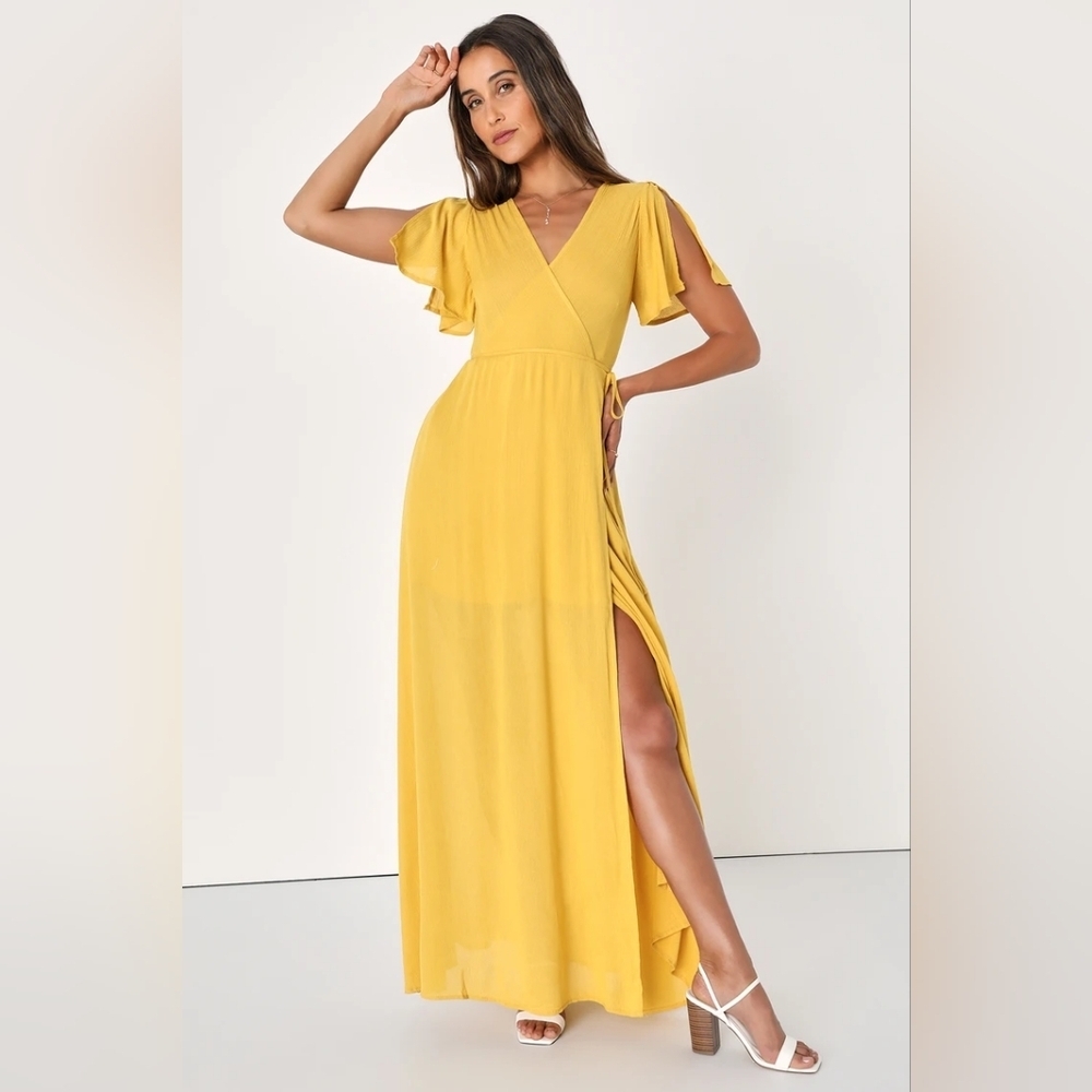 Lulus Much Obliged Golden Yellow Wrap Maxi Dress Size Extra Small